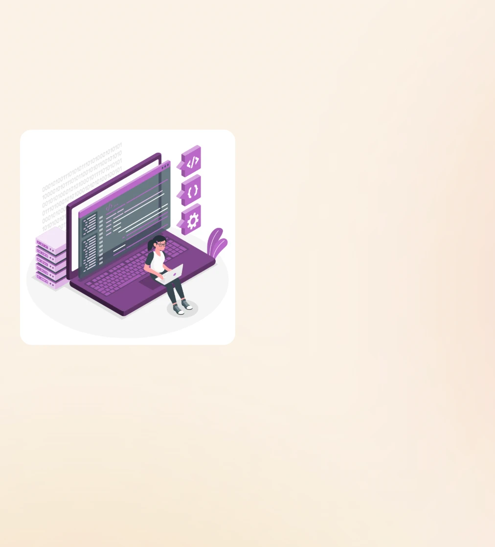 Illustration of a person coding on a laptop with a code editor, server stack, and binary background