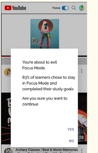 Social-proof exit dialog reading You're about to exit Focus Mode, 83% of learners chose to stay in Focus Mode and completed their study goals