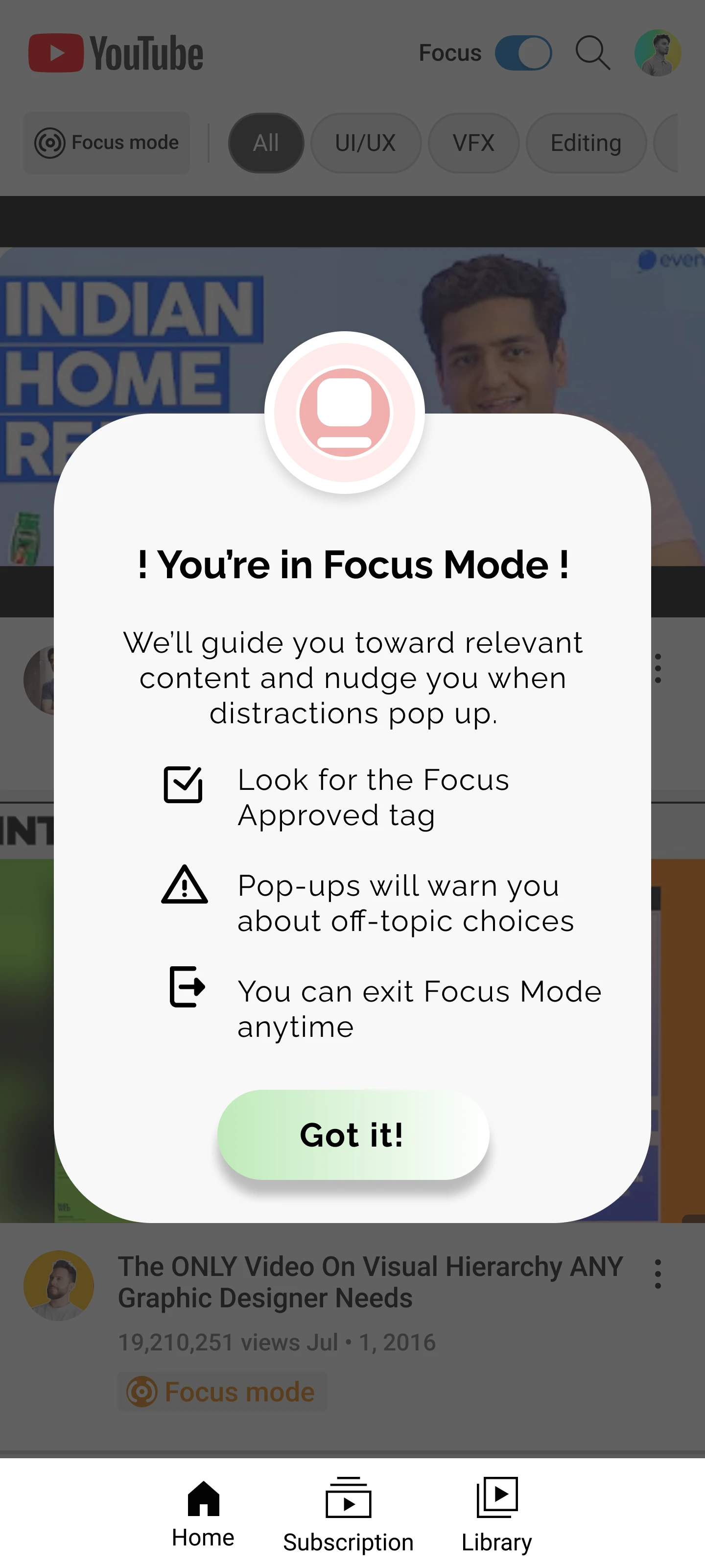 Onboarding variant: a modal reading You're in Focus Mode, explaining the Focus Approved tag, pop-up warnings, and that Focus Mode can be exited anytime