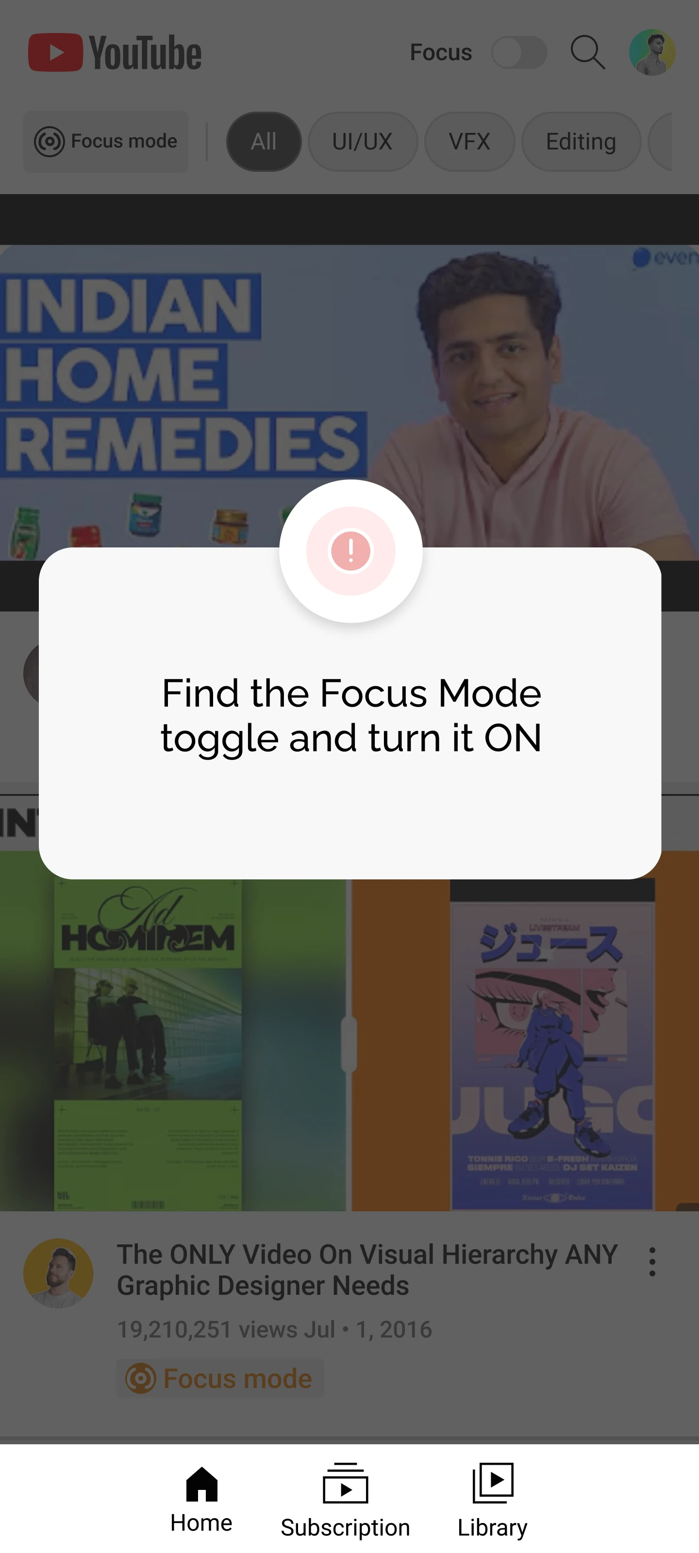 Onboarding variant: a tooltip reading Find the Focus Mode toggle and turn it ON, pointing at the header