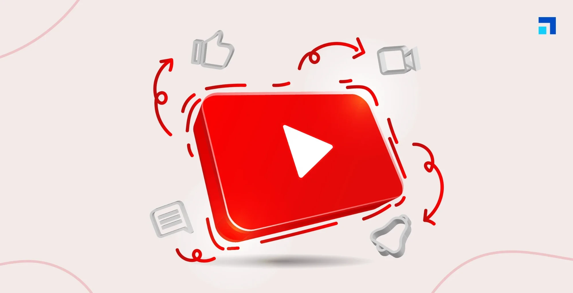 Illustration of a YouTube play button surrounded by like, comment, and notification icons