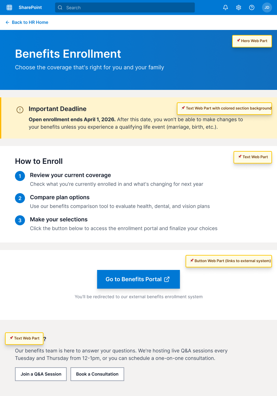 Benefits Enrollment page with an important-deadline banner and a three-step how-to-enroll guide