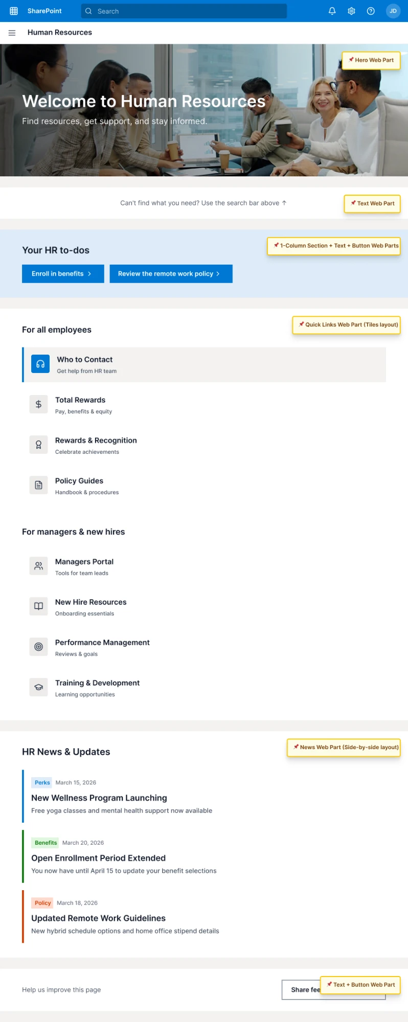 Redesigned HR homepage with quick links for Who to Contact, Total Rewards, Rewards & Recognition, Policy Guides, Managers Portal, New Hire Resources, Performance Management, and Training & Development