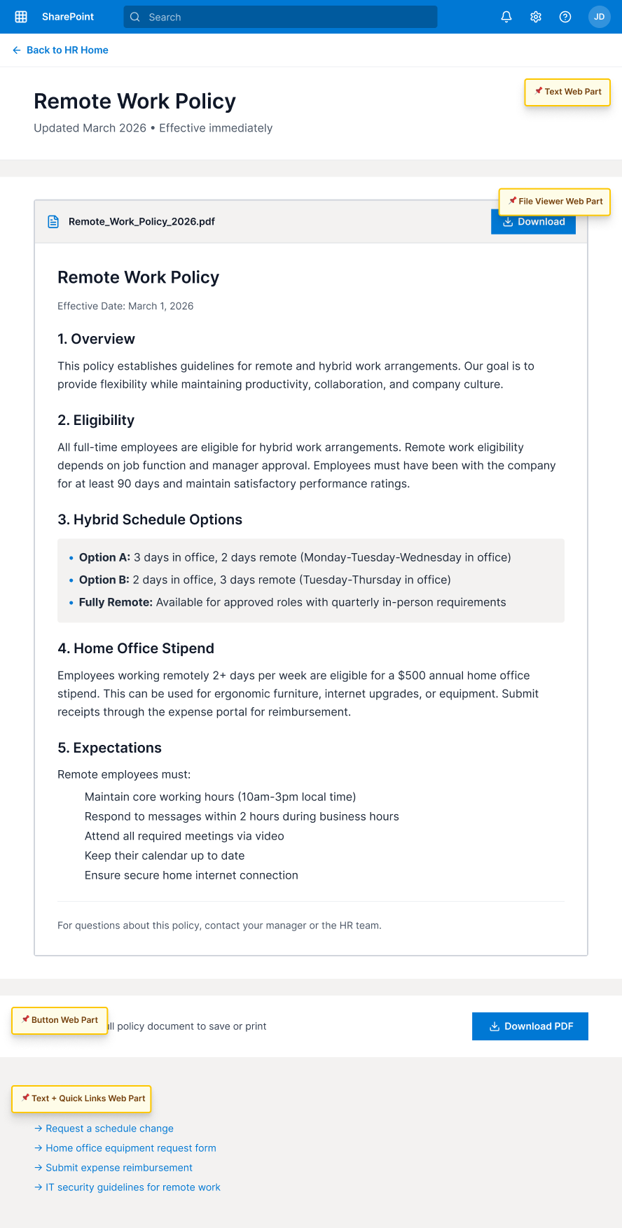 Remote Work Policy page laying out eligibility, hybrid schedule options, and a home-office stipend