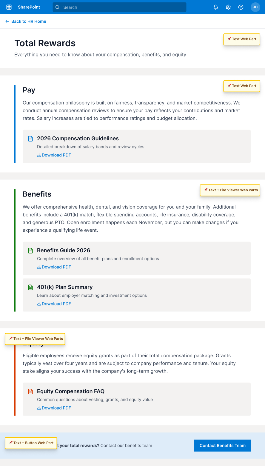 Total Rewards page covering pay, benefits, and equity in three sections