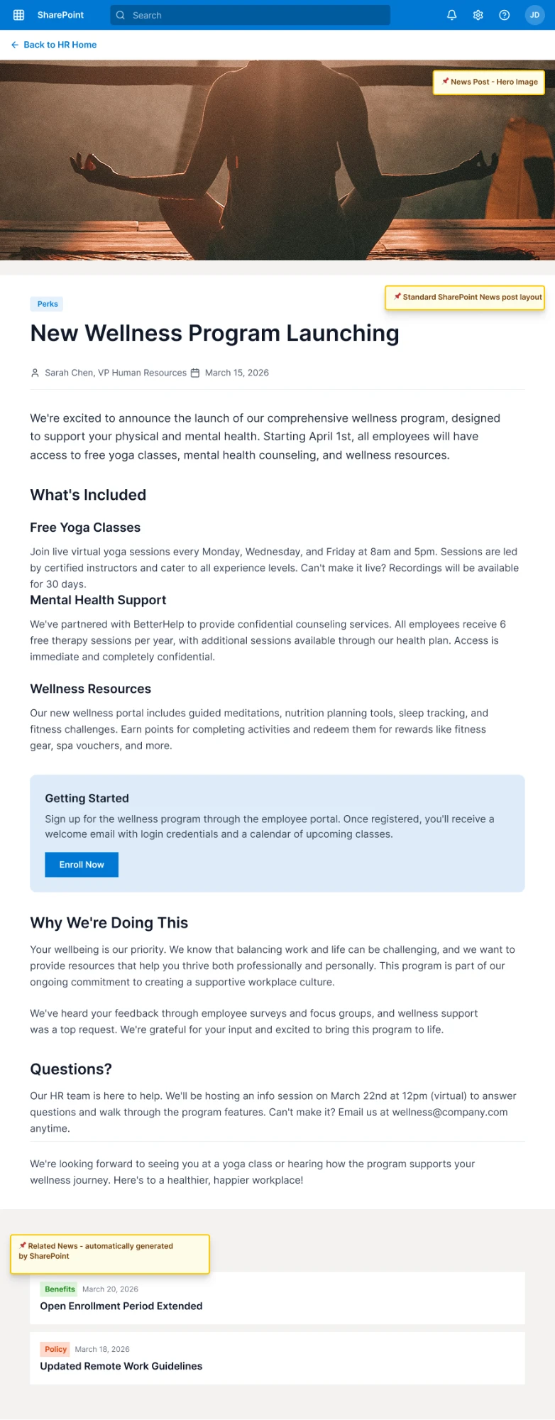 A Wellness Program news post announcing free yoga classes and mental health support
