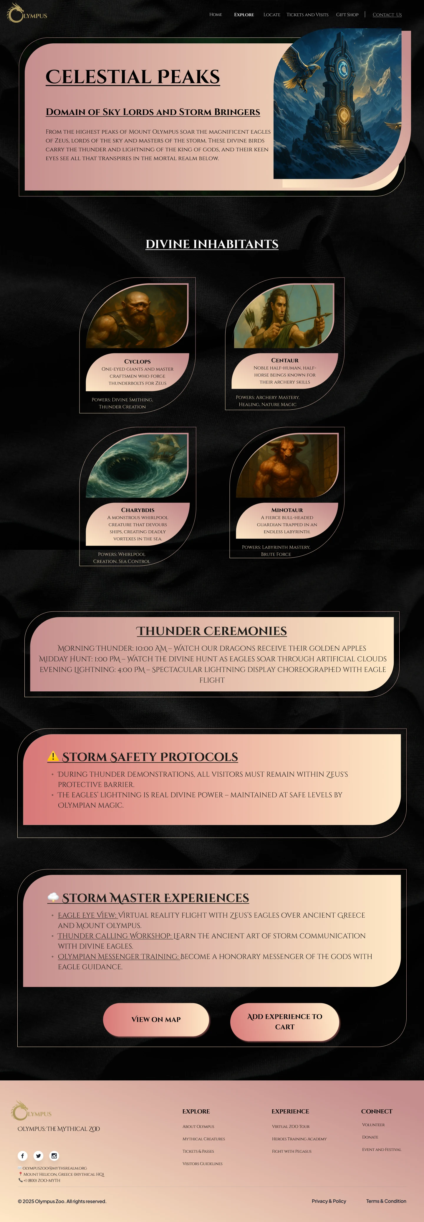 Celestial Peaks zone page with Cyclops, Centaur, Charybdis, and Minotaur exhibit cards and thunder ceremonies