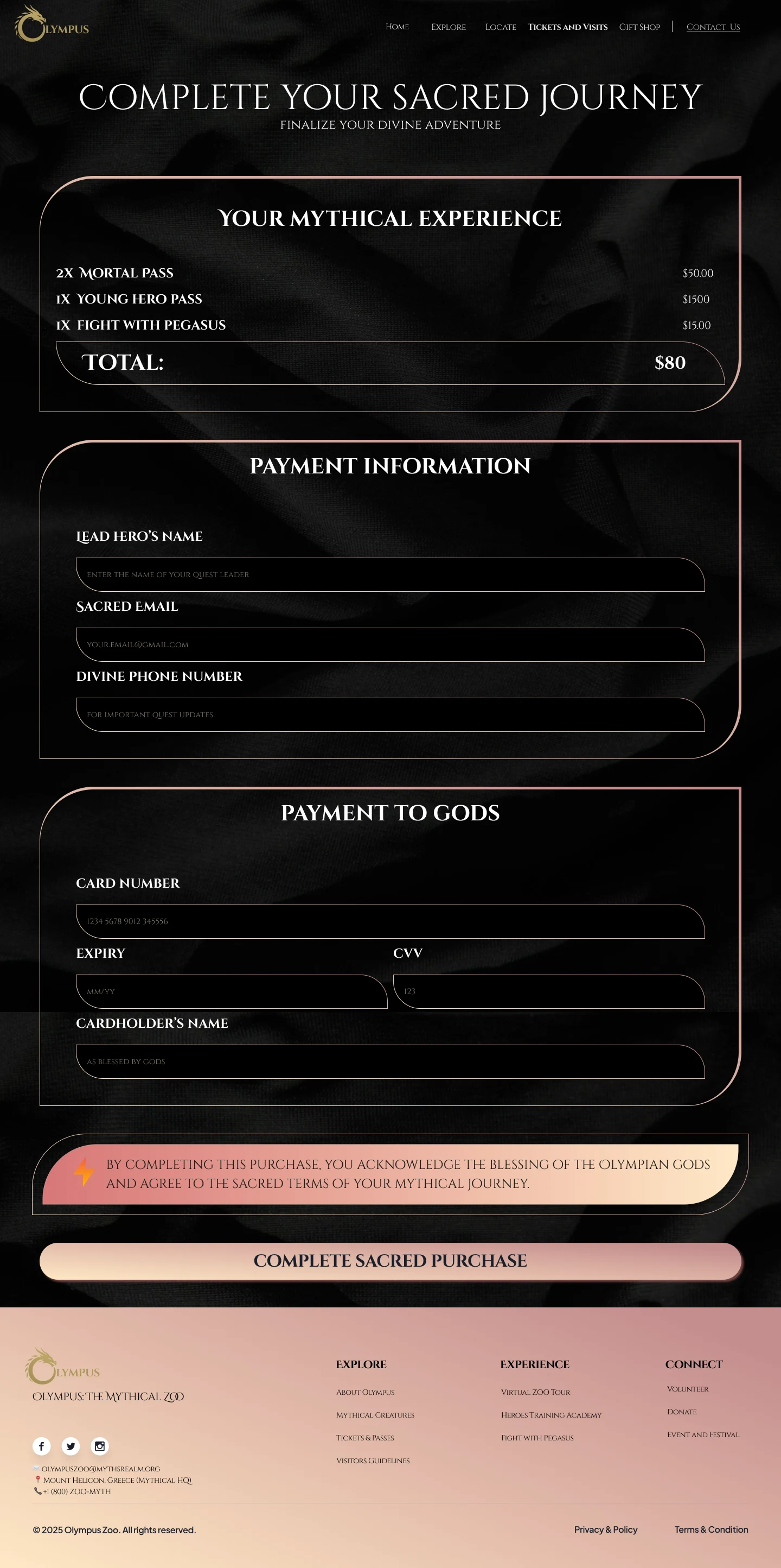Checkout page with mythical experience summary, payment information, and card details