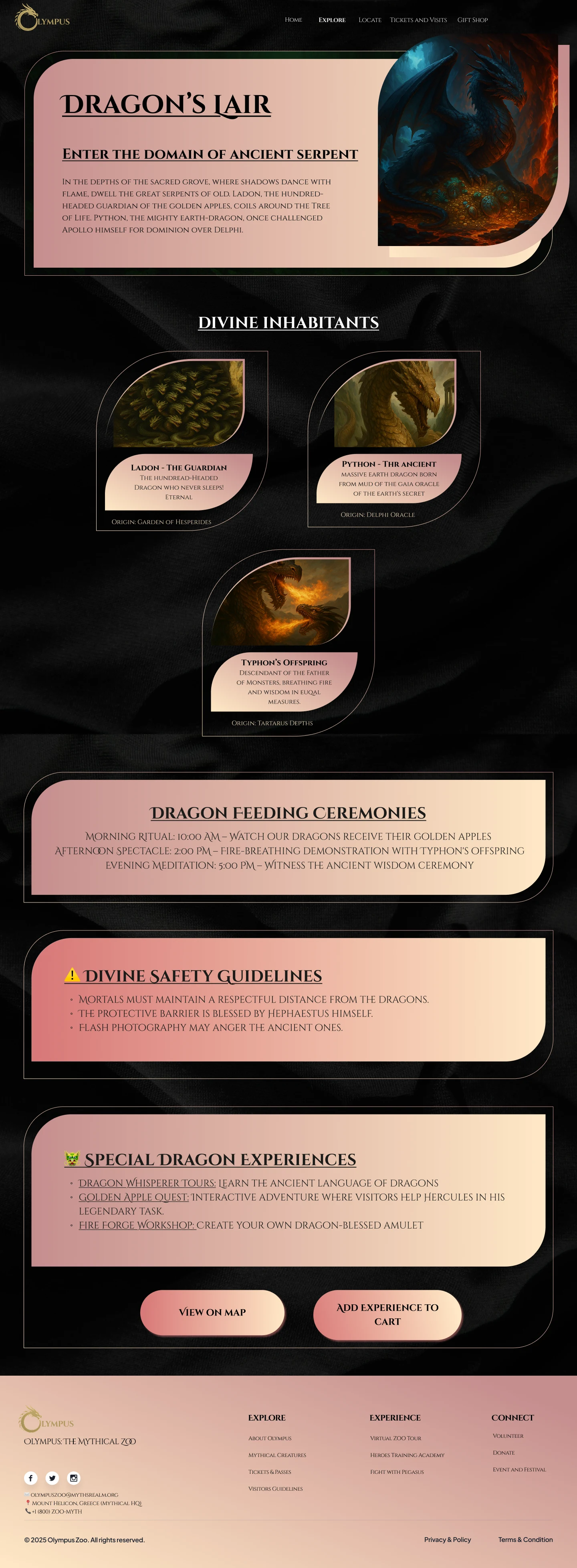 Dragon's Lair zone page with Ladon, Python, and Typhon's Offspring exhibit cards, feeding ceremonies, and safety guidelines
