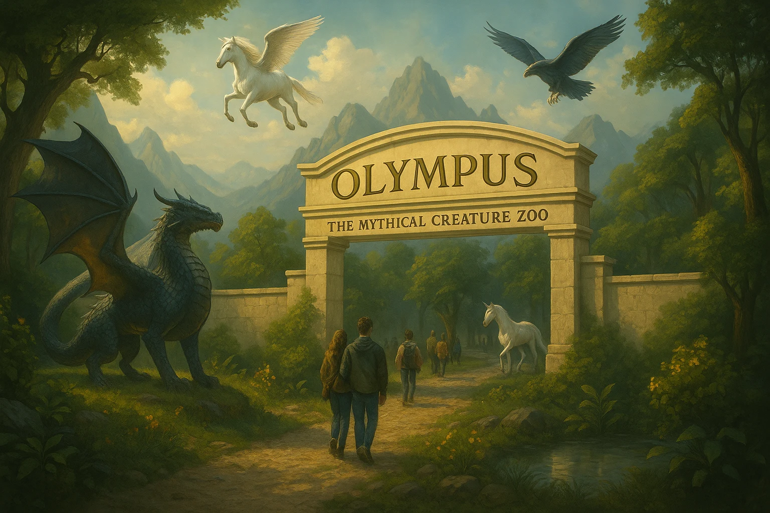 Illustration of the Olympus Mythical Creature Zoo entrance gate, with a dragon, pegasus, and eagle flying near mountain peaks