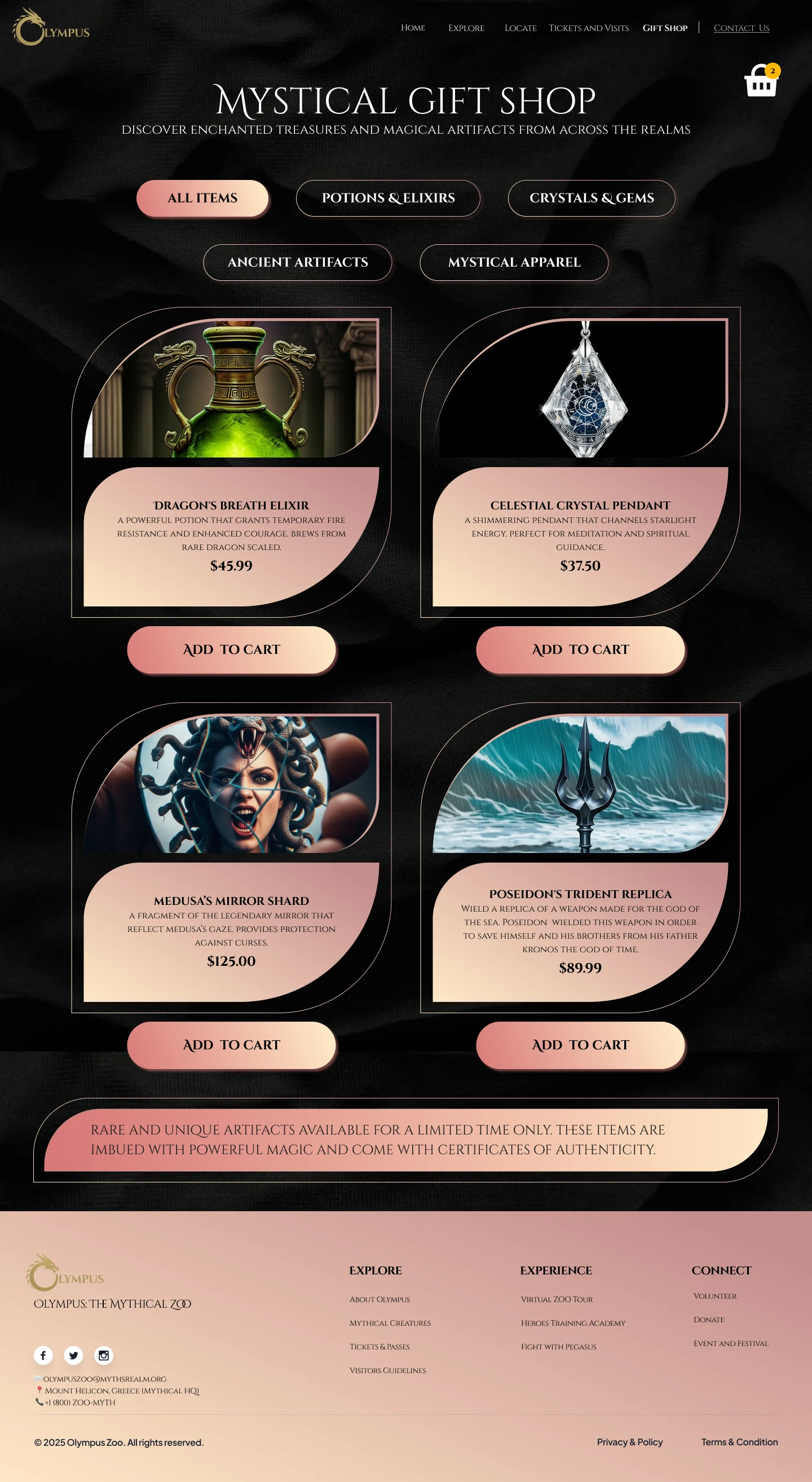 Mystical Gift Shop page with category filters and product cards like Dragon's Breath Elixir and Poseidon's Trident Replica