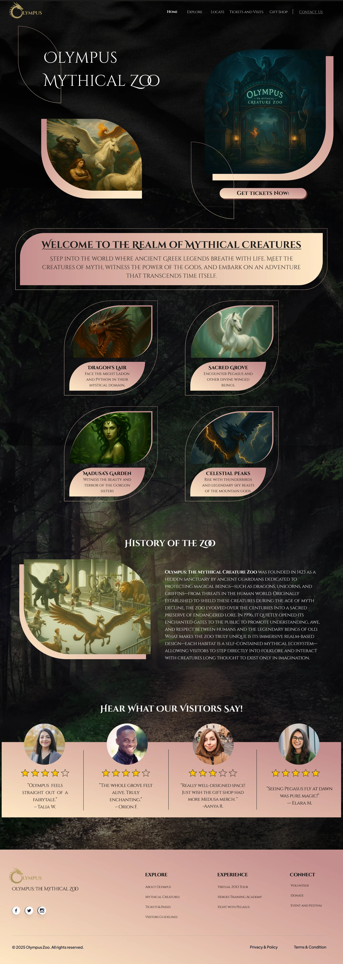 Olympus home page hero with welcome message, zone cards for Dragon's Lair, Sacred Grove, Medusa's Garden, and Celestial Peaks, zoo history, and visitor reviews