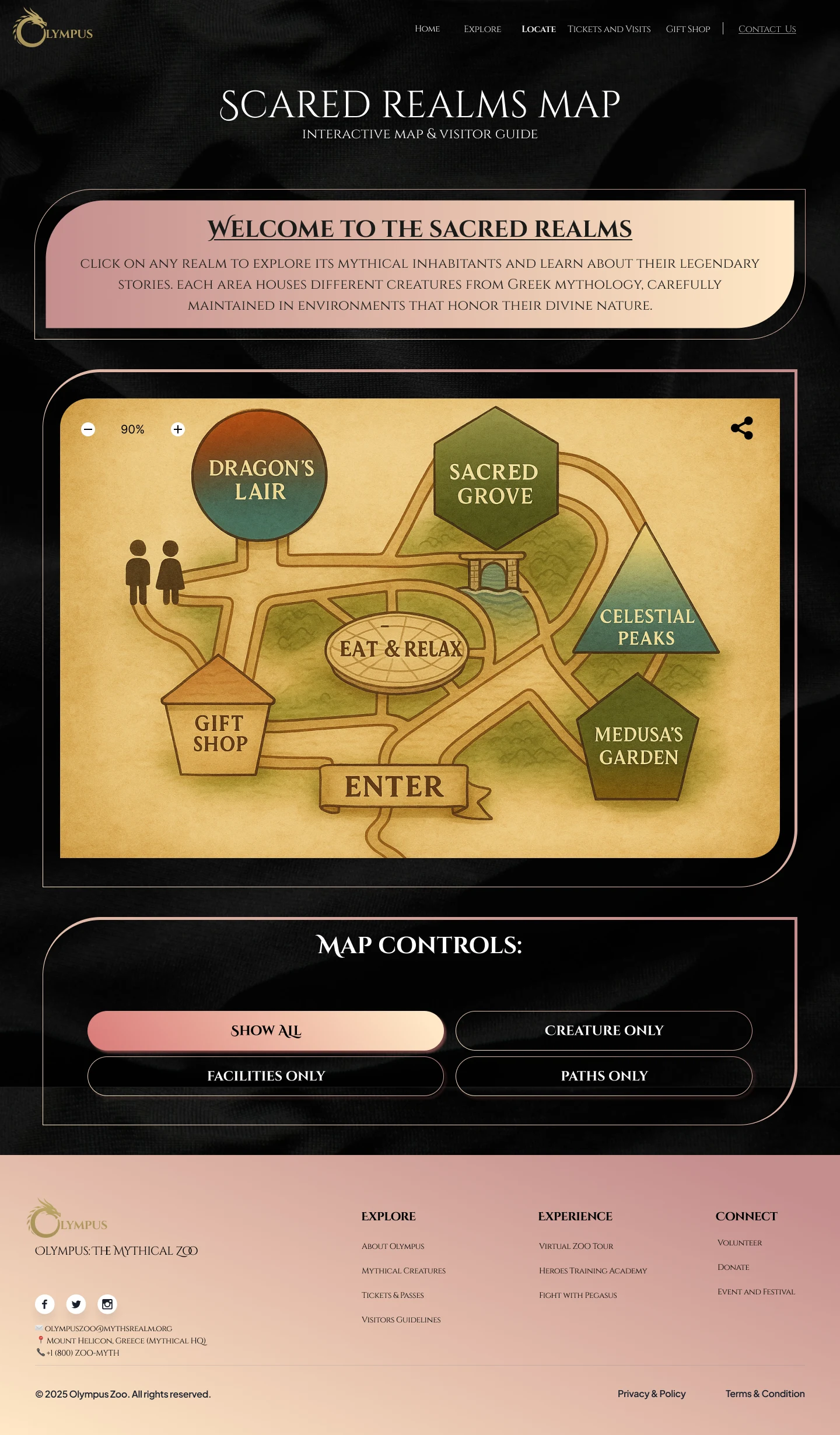 Interactive Sacred Realms map with zones laid out around a central path, gift shop, and eat and relax area