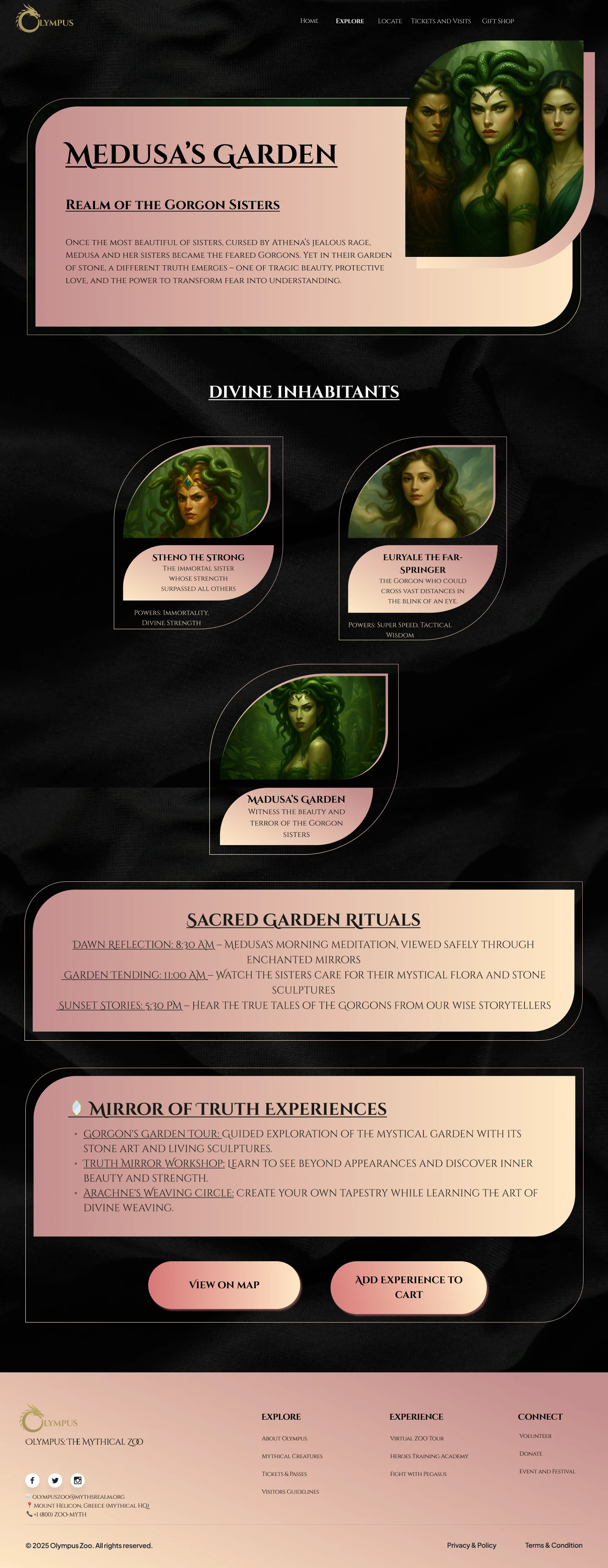 Medusa's Garden zone page with Stheno, Euryale, and the Gorgon sisters, garden rituals, and mirror of truth experiences