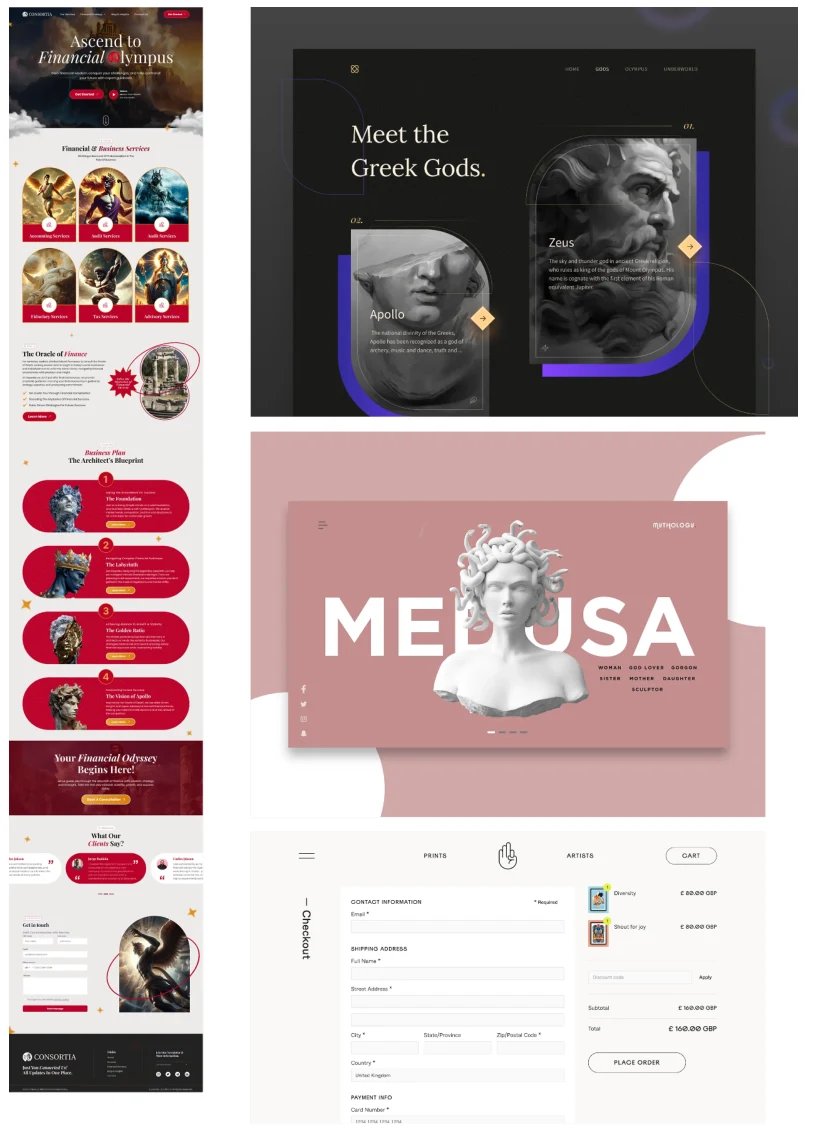 Moodboard collage of Greek-mythology-themed website references, including a Zeus and Apollo hero section and a Medusa landing page