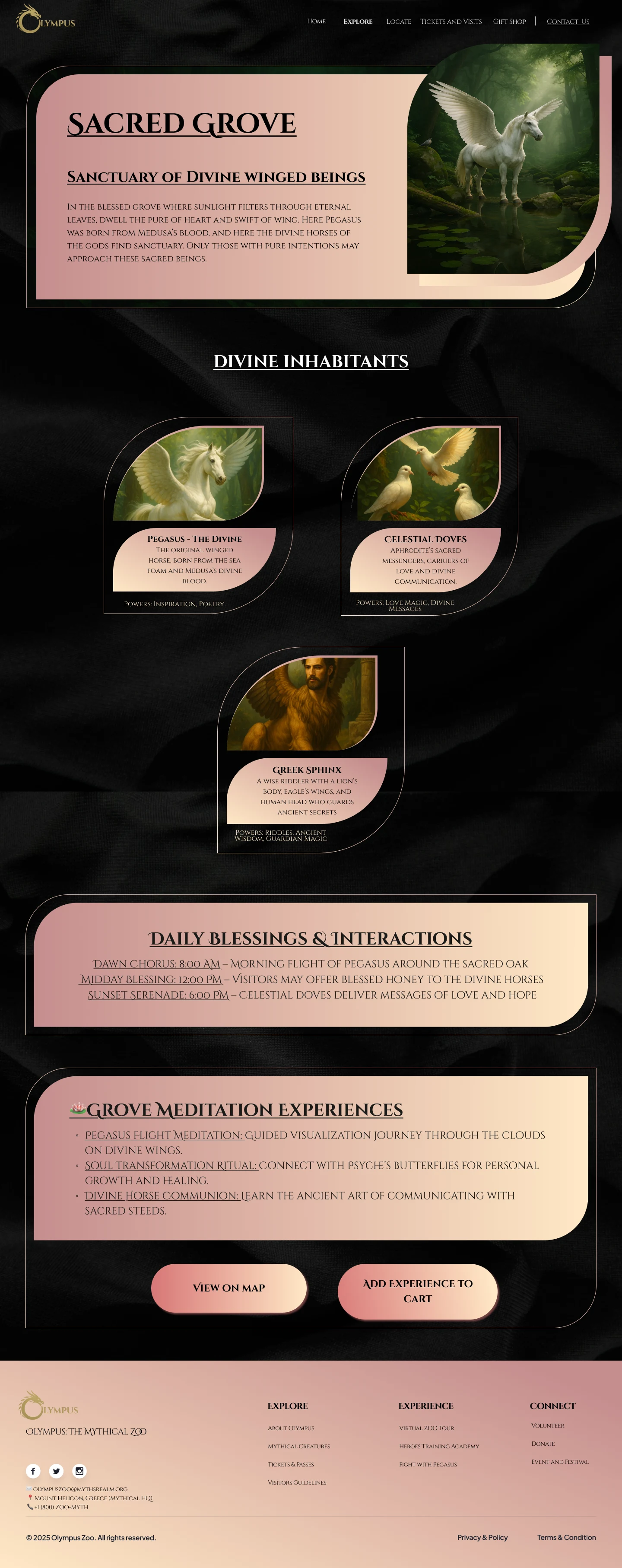 Sacred Grove zone page with Pegasus, Greek Sphinx, and Celestial Doves exhibit cards and daily blessings