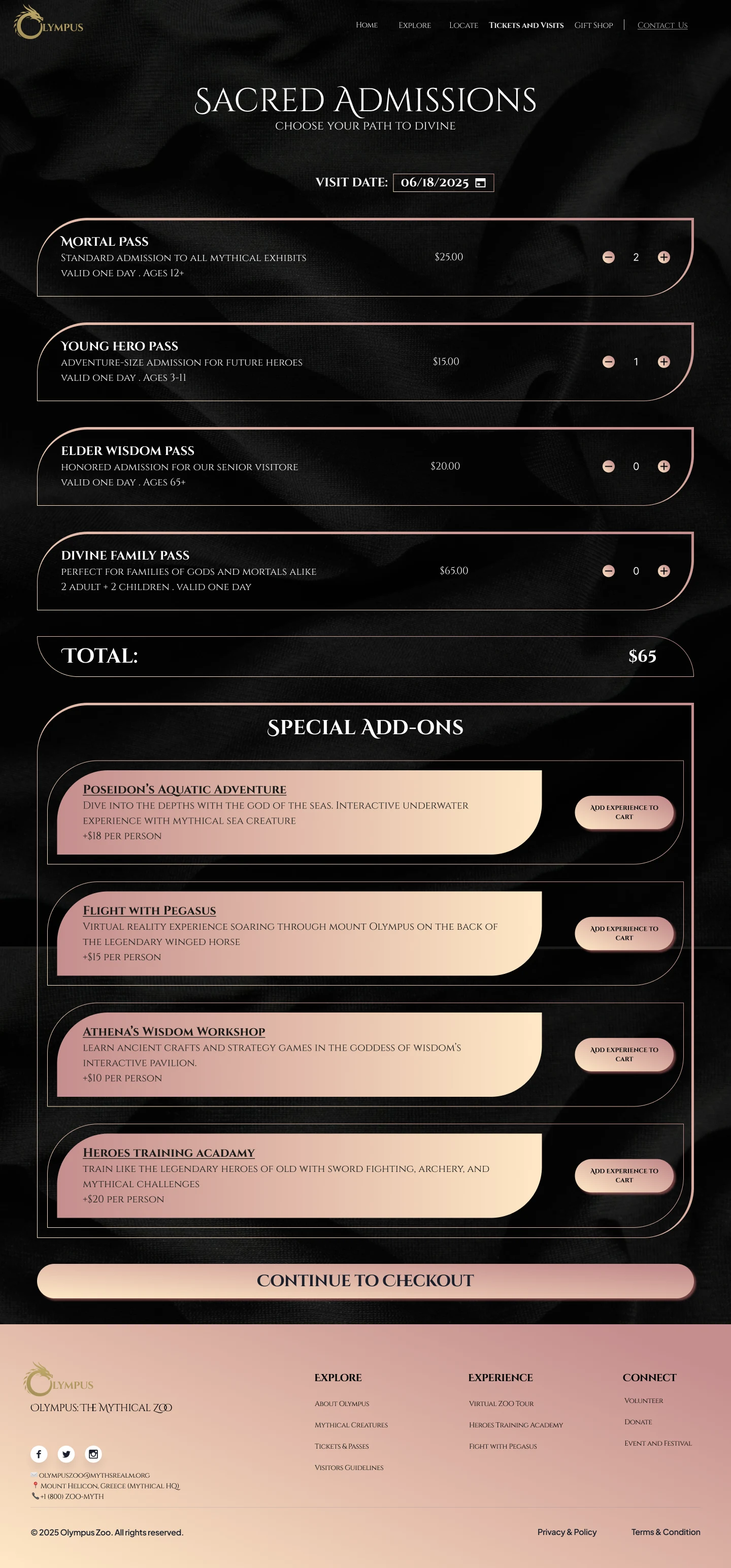 Sacred Admissions ticket page with Mortal, Young Hero, Elder Wisdom, and Divine Family passes, plus special add-on experiences
