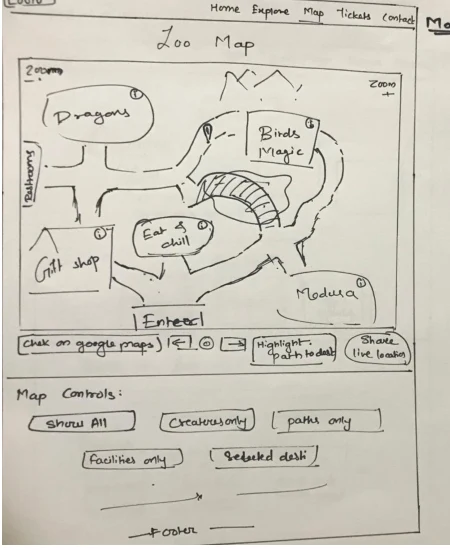 Hand-drawn wireframe of the zoo map with zones, bathrooms, gift shop, and map controls