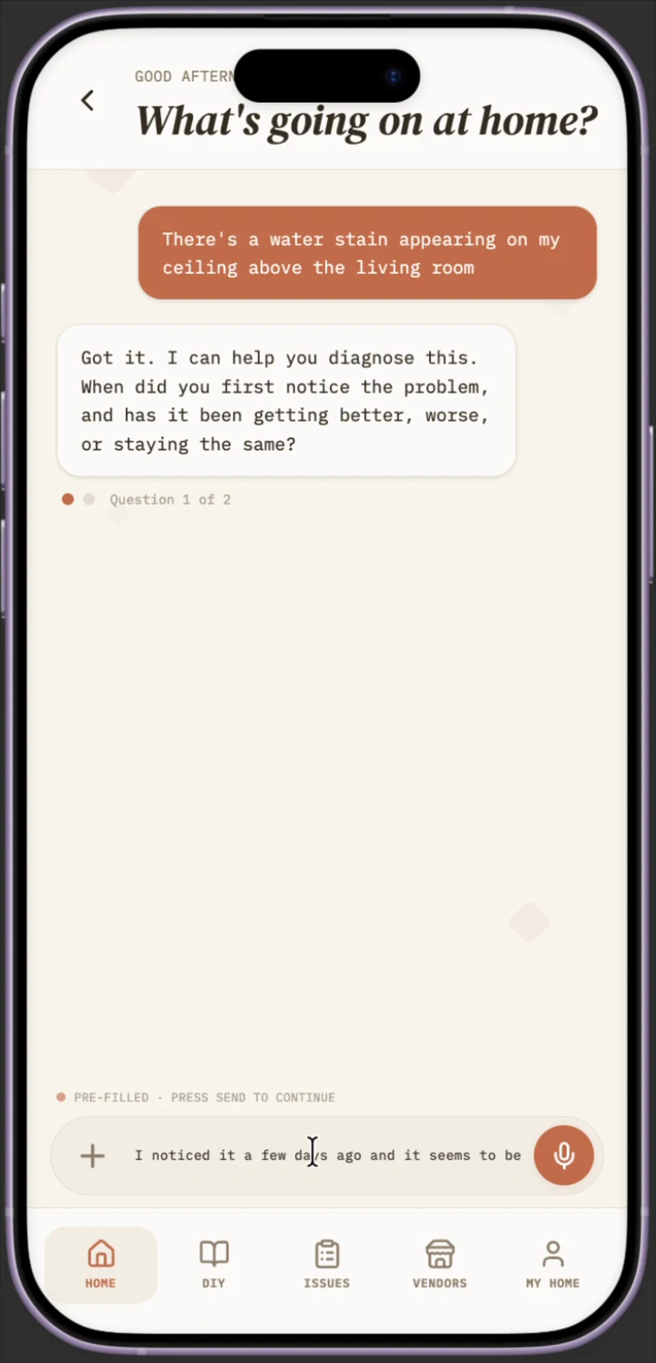 Conversational AI diagnosis screen asking a follow-up question about a reported water stain, question 1 of 2