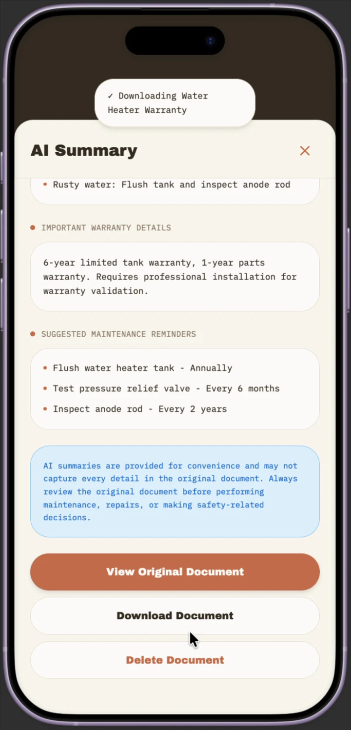 AI summary modal for a water heater warranty document, listing key warranty details and suggested maintenance reminders