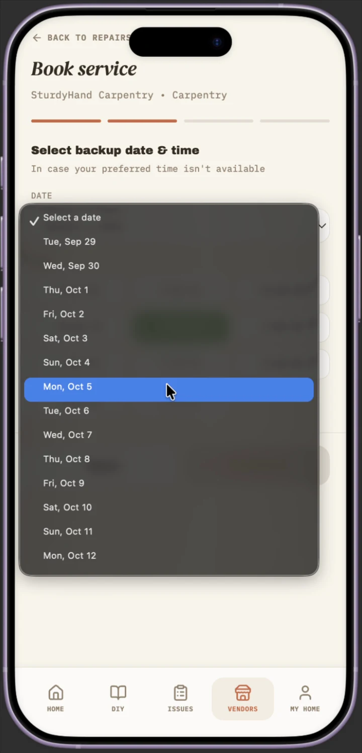 Book service screen selecting a backup date and time in case the preferred slot falls through