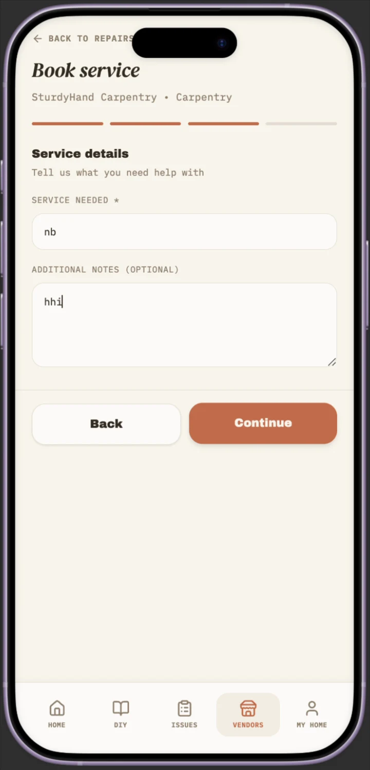 Book service screen with service-details form for additional notes before confirming