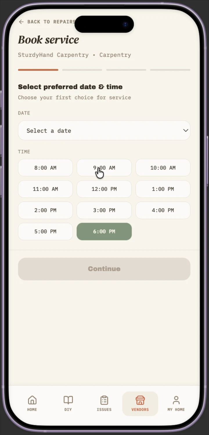 Book service screen selecting a preferred date and time slot for SturdyHand Carpentry
