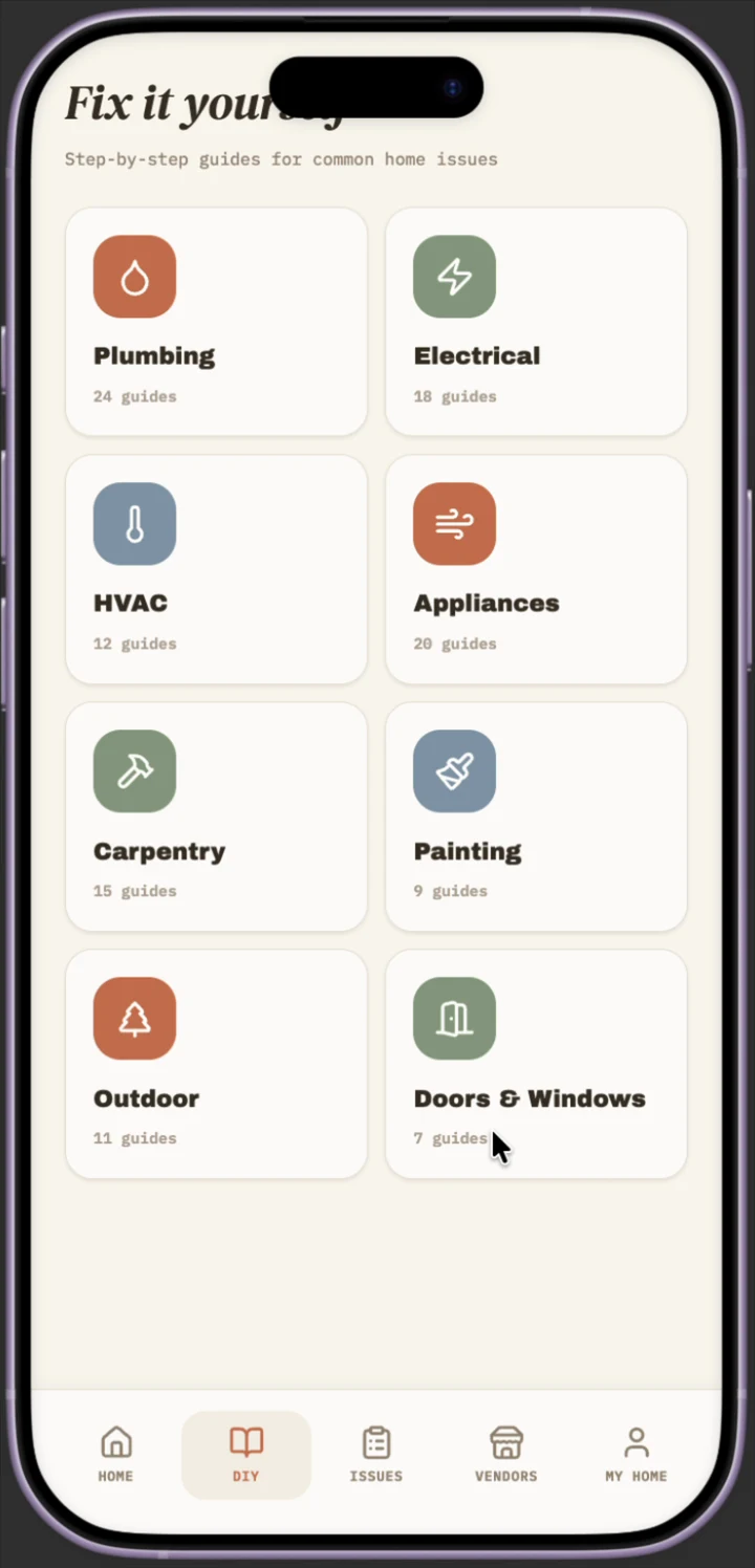 DIY guide categories: plumbing, electrical, HVAC, appliances, carpentry, painting, outdoor, doors and windows