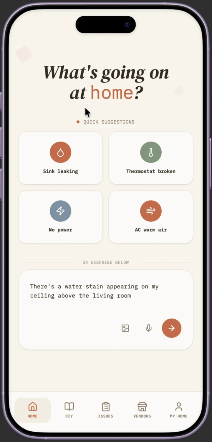 Sahay home screen with a symptom search bar and quick-suggestion cards for sink leaking, thermostat broken, no power, and AC warm air