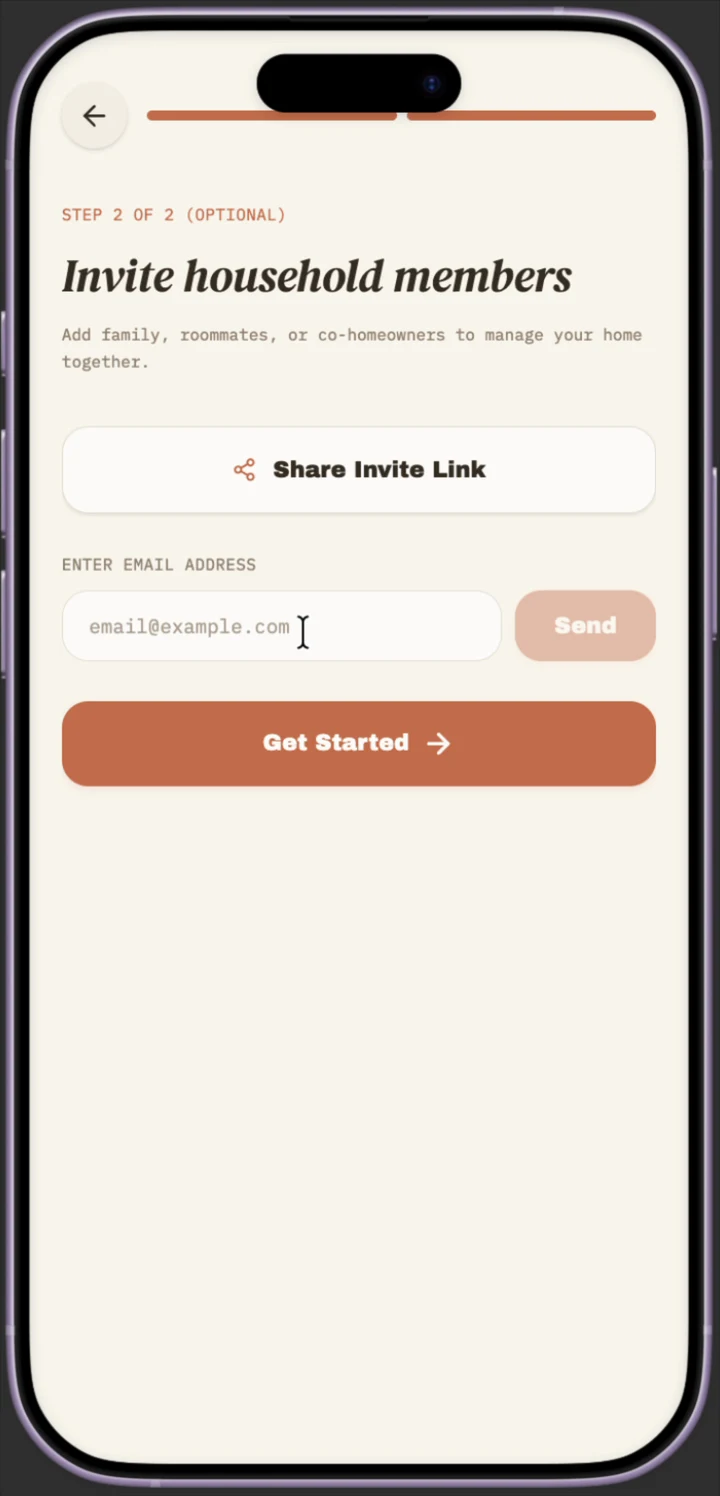Invite household members screen with a share invite link and email invite field, step 2 of 2