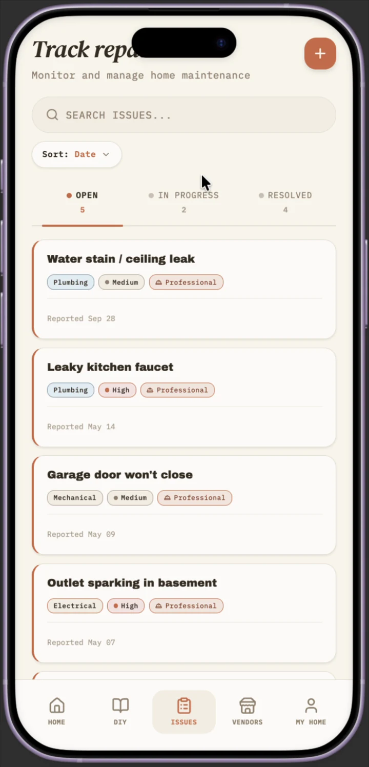 Issue board Open tab listing leaky kitchen faucet, garage door won't close, outlet sparking in basement, and cracked window seal