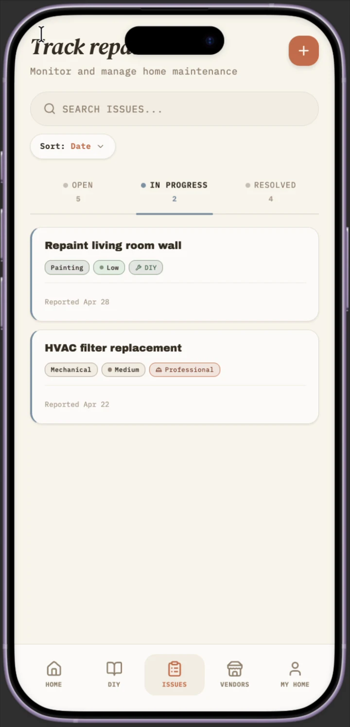 Issue board In Progress tab listing repaint living room wall and HVAC filter replacement