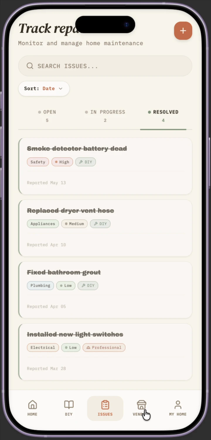 Issue board Resolved tab with completed issues shown in strikethrough
