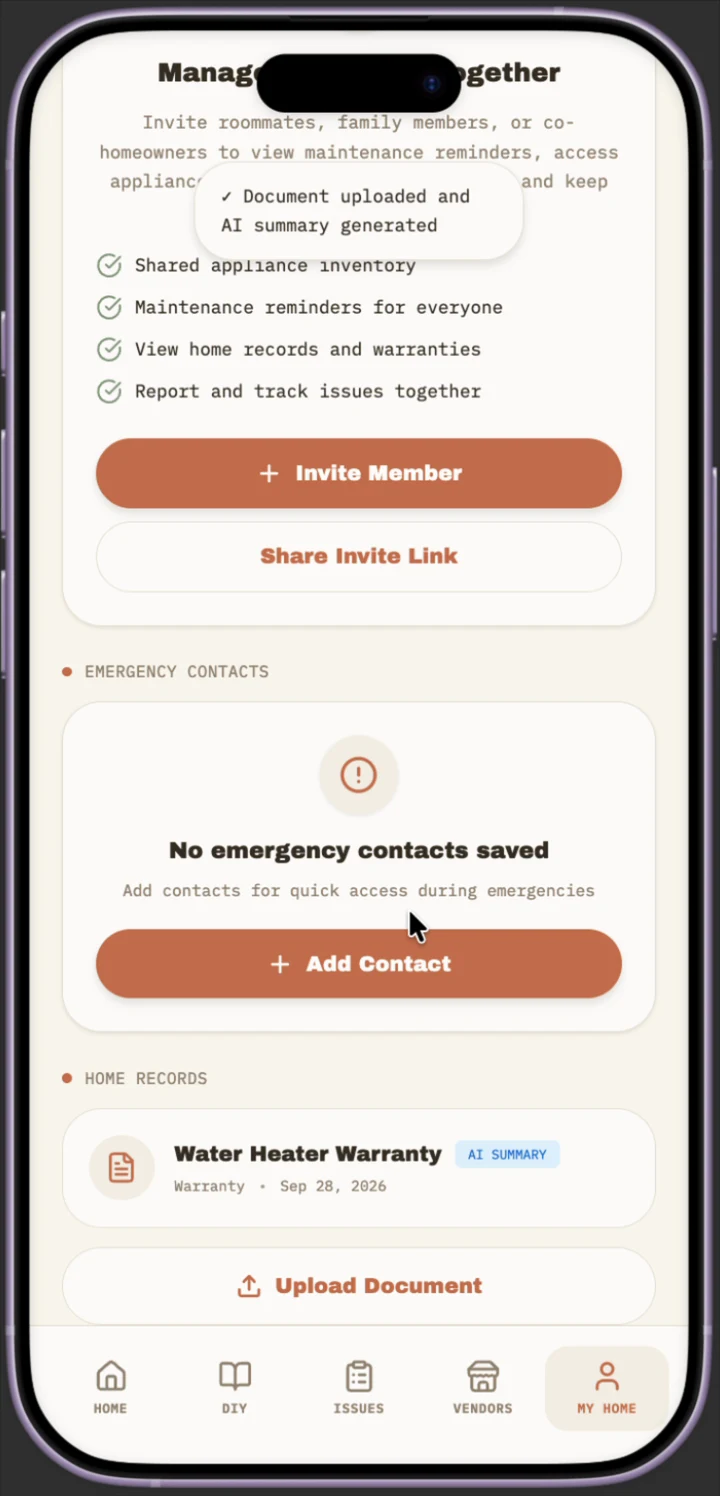 My Home screen showing shared household access, emergency contacts, and a home warranty document with an AI summary badge