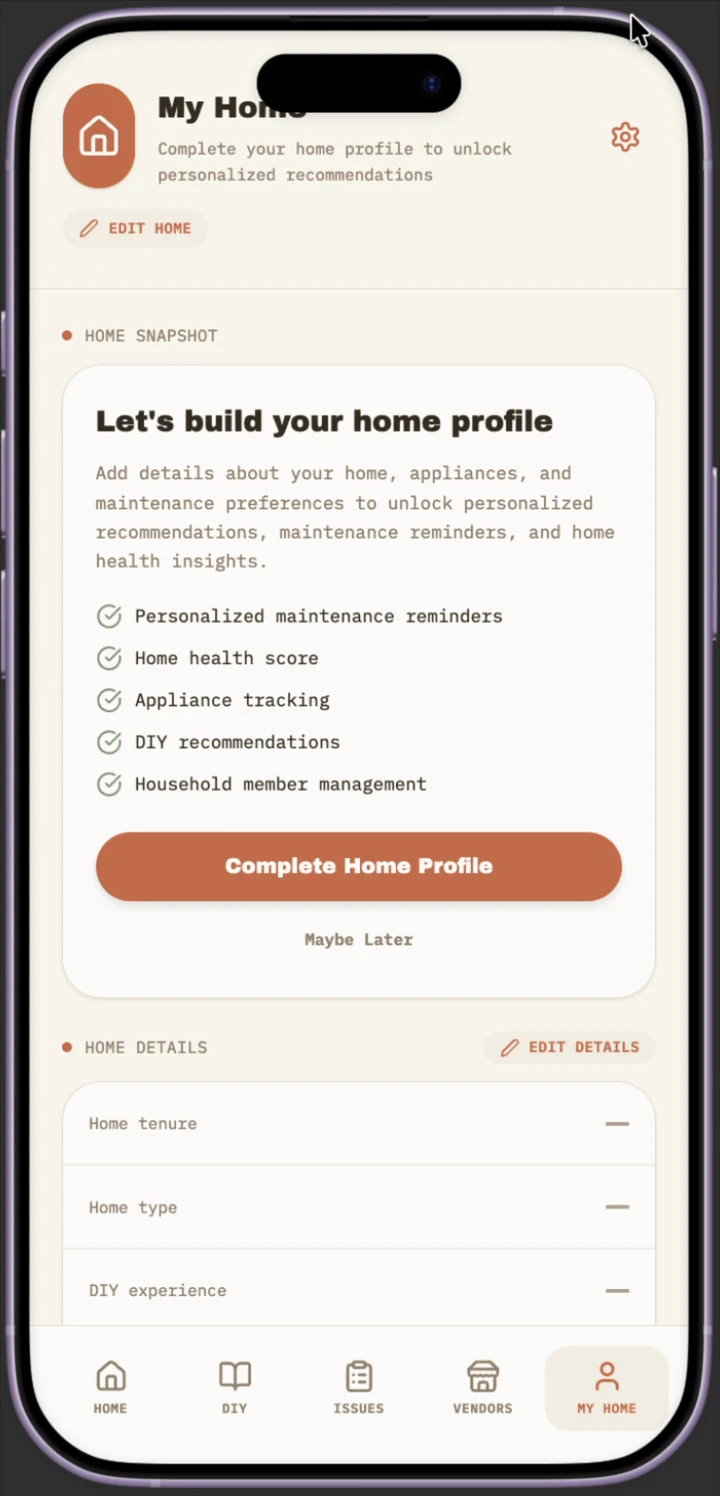 My Home screen prompting the user to complete their home profile for personalized recommendations