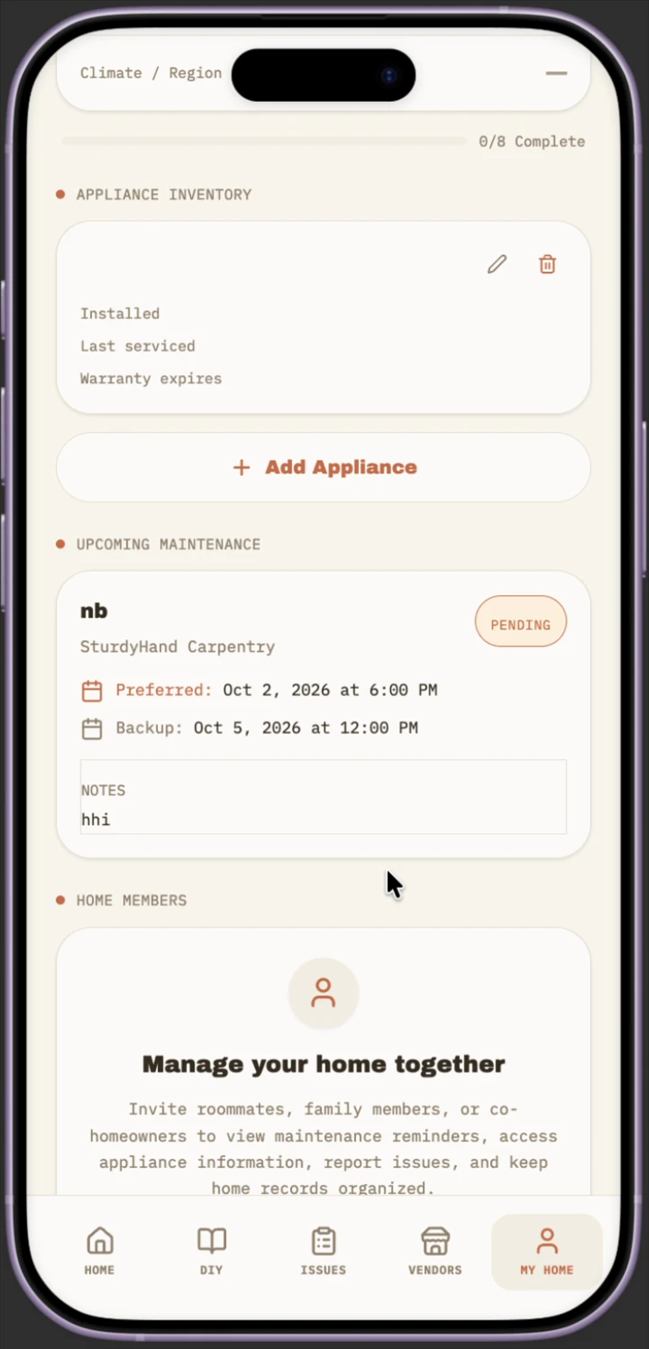 My Home screen with appliance inventory, upcoming maintenance with preferred and backup scheduling, and home member management