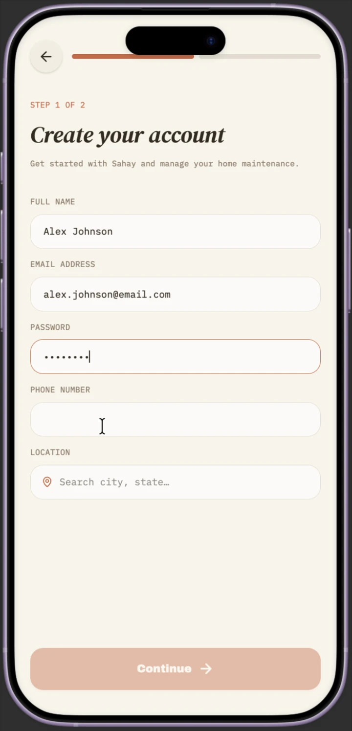 Create account screen with name, email, password, phone, and location fields, step 1 of 2