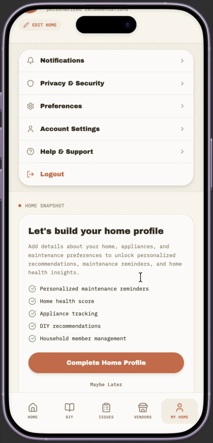 Account settings screen with notifications, privacy and security, preferences, account settings, help and support, and logout