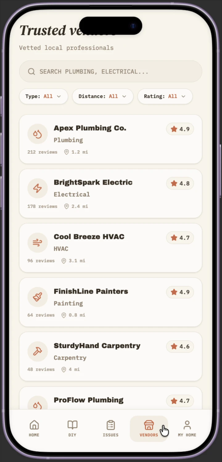 Trusted vendors list showing ratings, review counts, and distance for local plumbing, electrical, and HVAC professionals