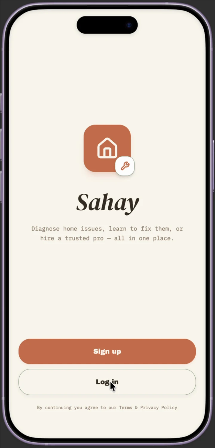 Sahay welcome screen with logo, tagline, and sign up or log in buttons