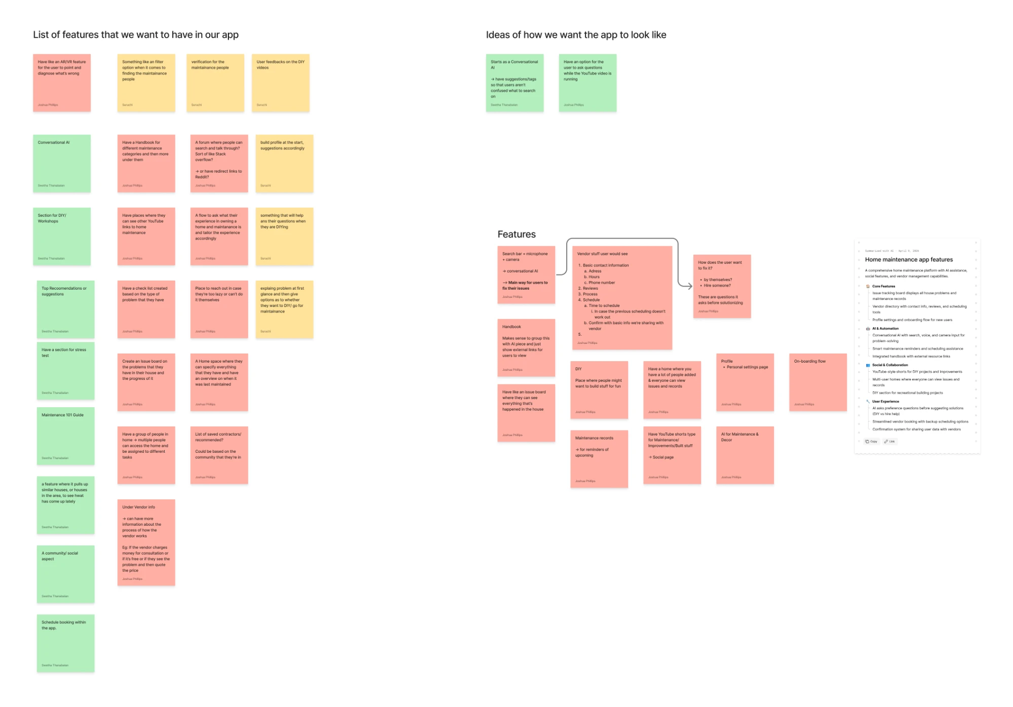 Team FigJam boards: a sticky-note list of desired features on the left, and sketches of the app's conversational-AI entry point and feature groupings on the right