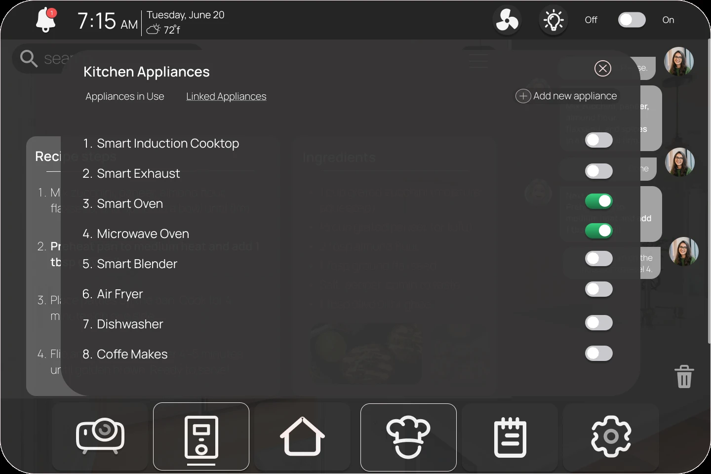 Appliance controls screen listing smart induction cooktop, exhaust, oven, microwave, blender, air fryer, dishwasher, and coffee maker with toggle switches