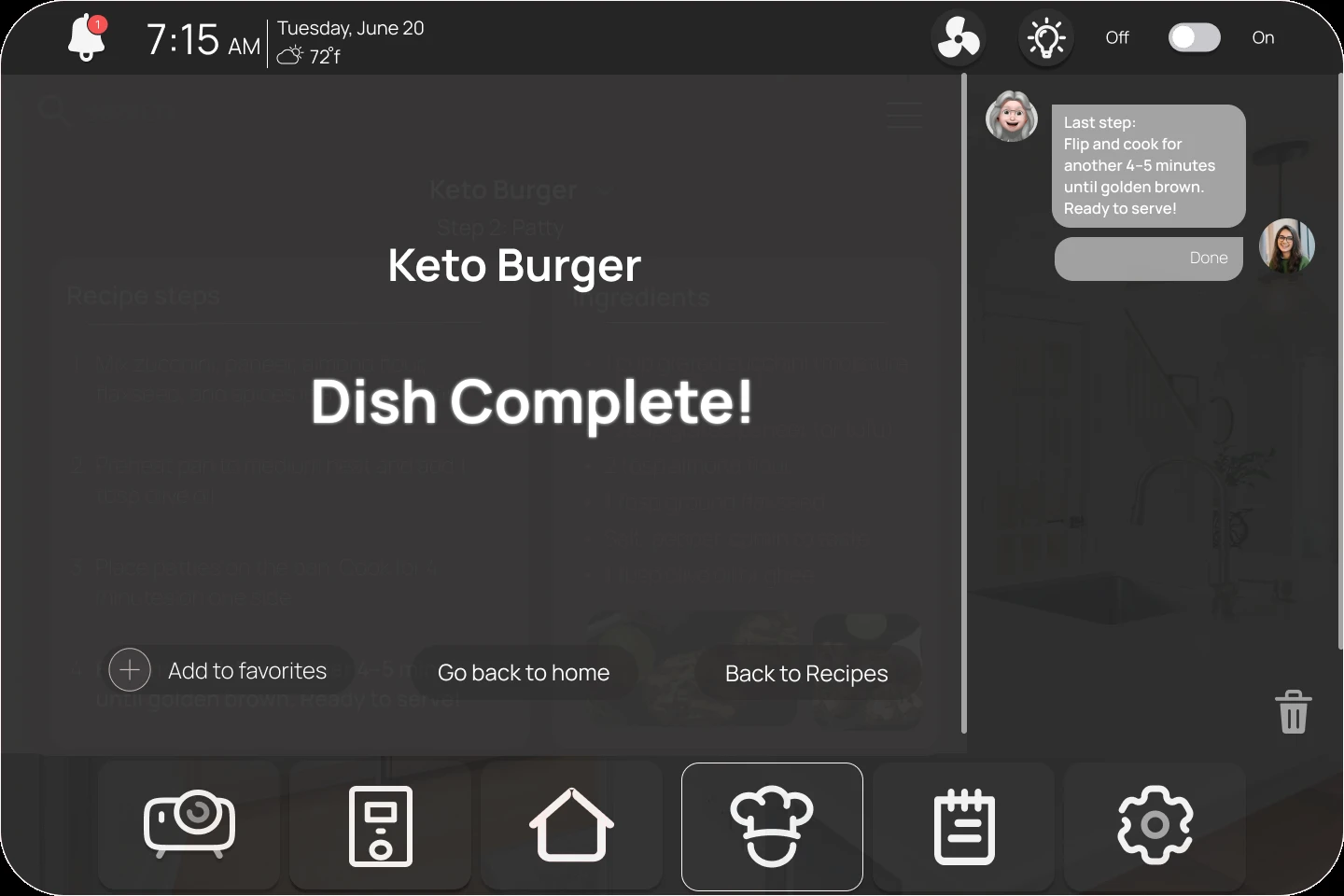 Dish Complete screen for a Keto Burger recipe with options to add to favorites, go back to home, or return to recipes