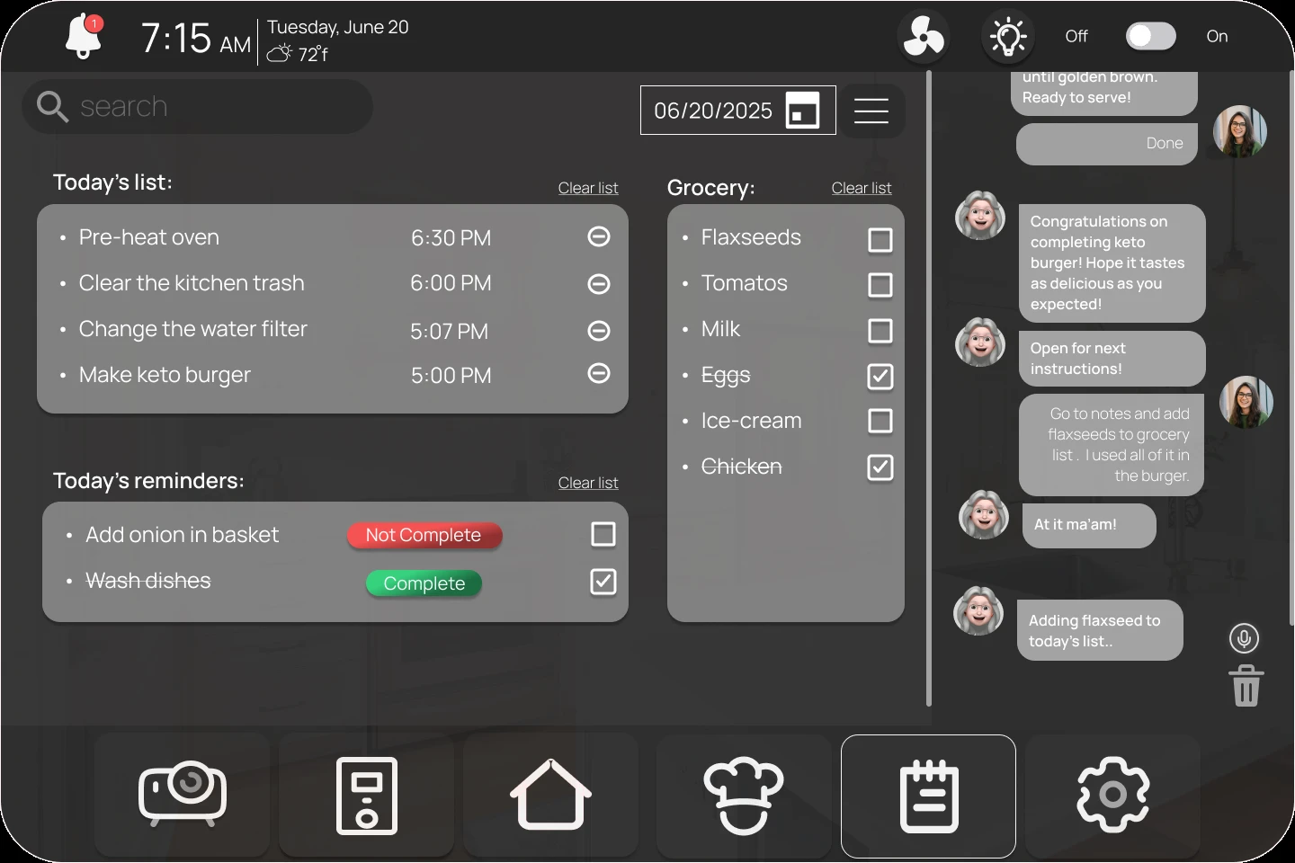 Today's list and grocery list screen with checkboxes for tasks and ingredients, alongside a conversational AI transcript adding flaxseed to the list