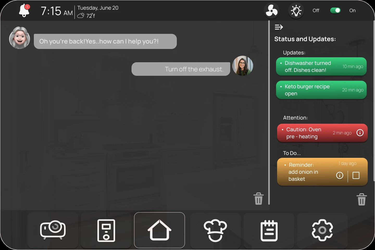 Guided steps screen: a short voice prompt and mirrored transcript, with a status and updates panel showing dishwasher, recipe, and oven alerts