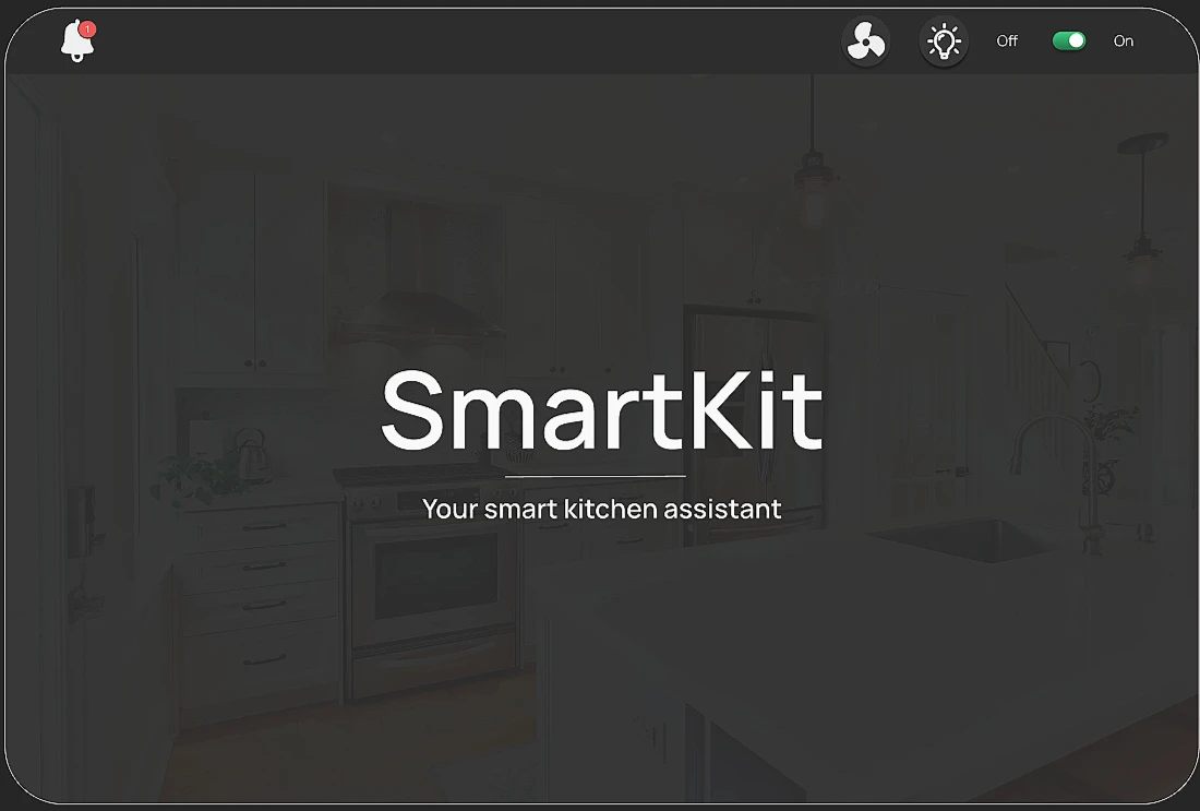 SmartKit branding on a kitchen exhaust-hood display, overlaid on a photo of a modern kitchen