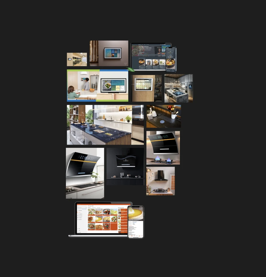 Mood board of 20+ smart-kitchen products and hood displays reviewed during the competitive landscape scan