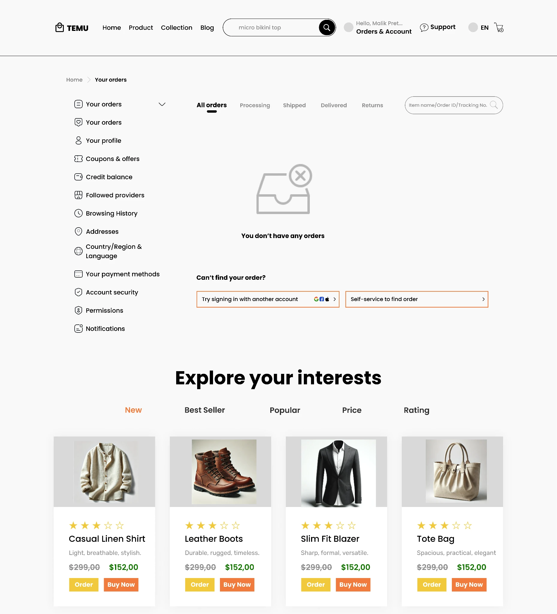 Redesigned account page with organized order history, grouped settings, and personalized recommendations