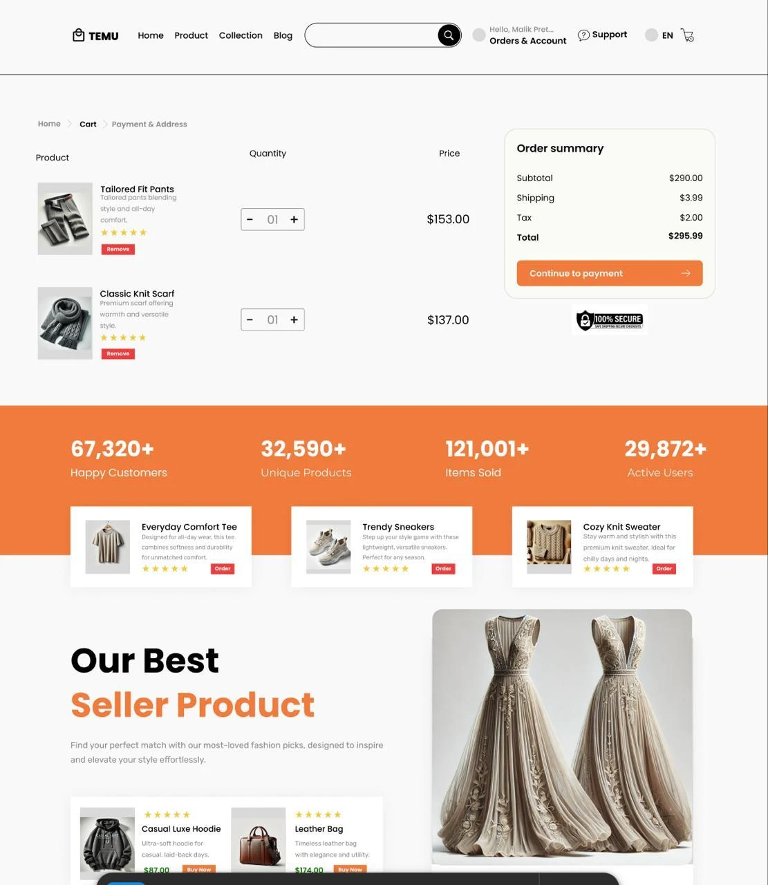 Redesigned cart and checkout page with a breadcrumb (Cart, Payment and Address), quantity controls, and a sticky order summary with subtotal, shipping, tax, and total