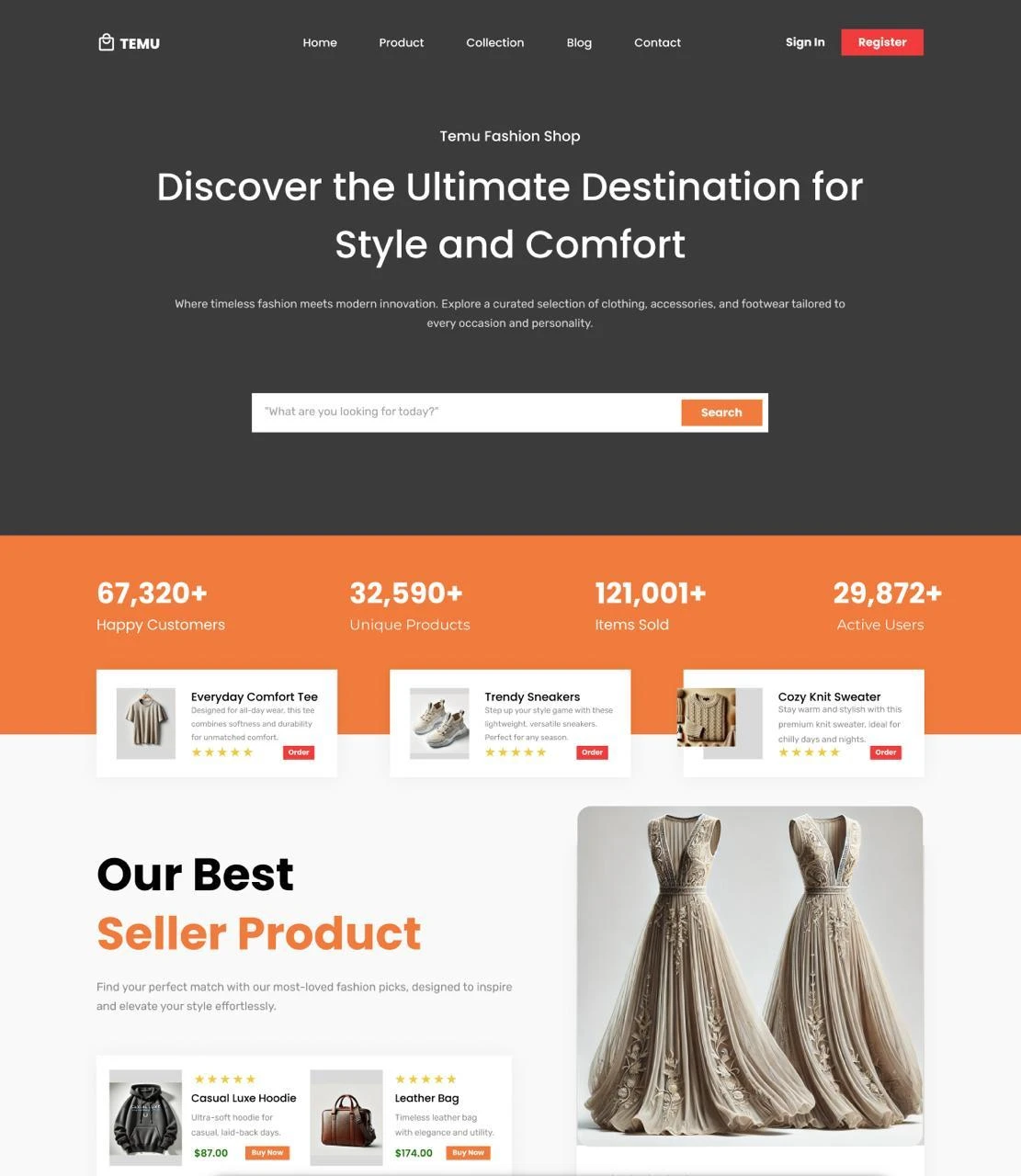 Redesigned Temu homepage with a calm hero banner, prominent search bar, trust stats, and featured products